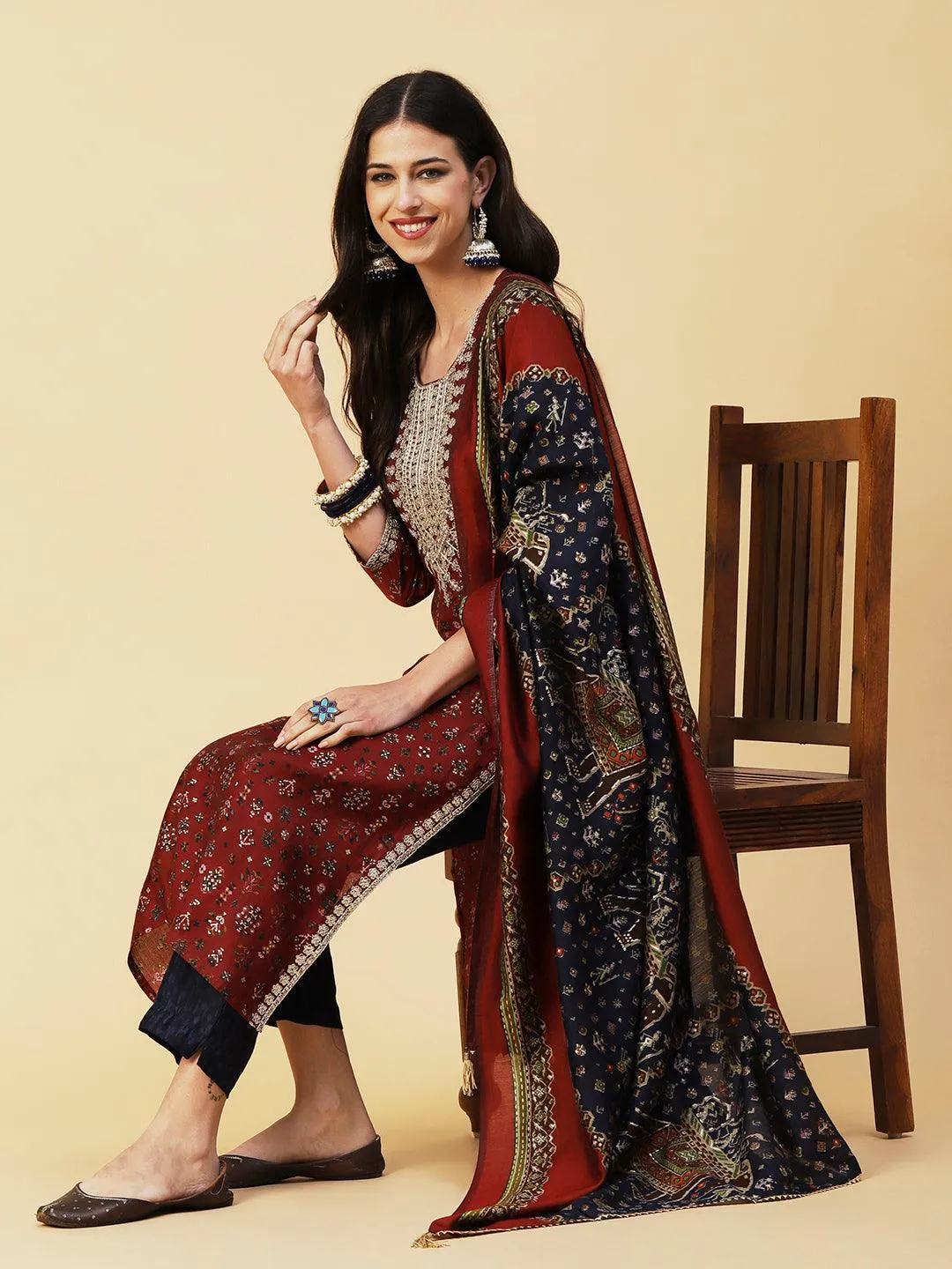 Ethnic & Abstract Printed Zari Dori & Sequins Embroidered Kurta With Pants & Dupatta - Maroon