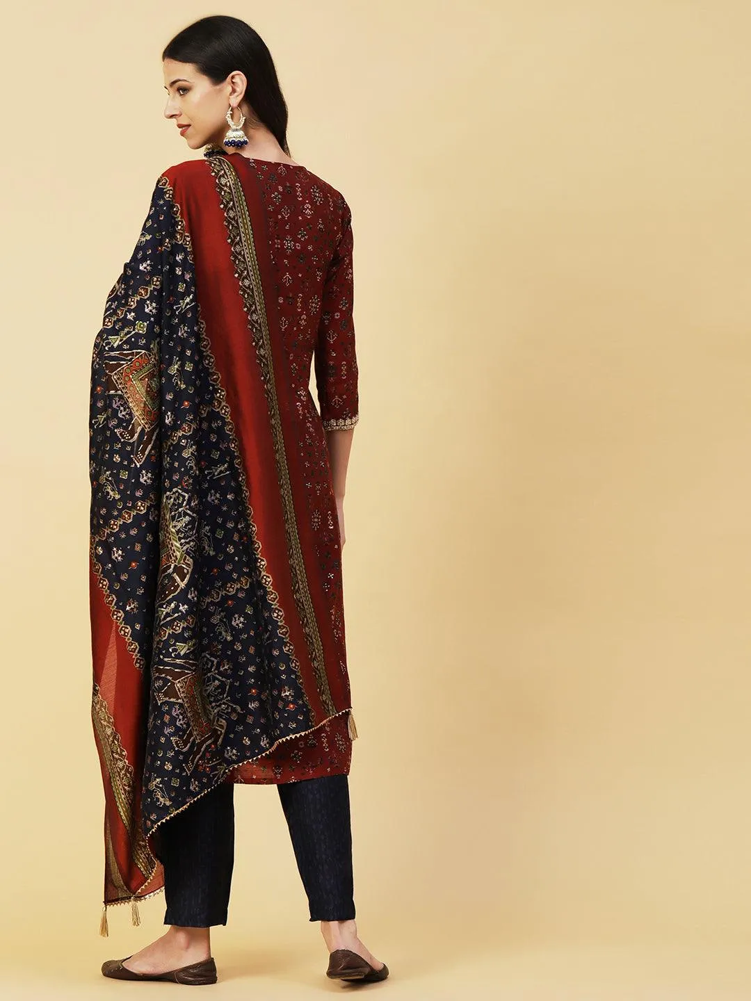 Ethnic & Abstract Printed Zari Dori & Sequins Embroidered Kurta With Pants & Dupatta - Maroon