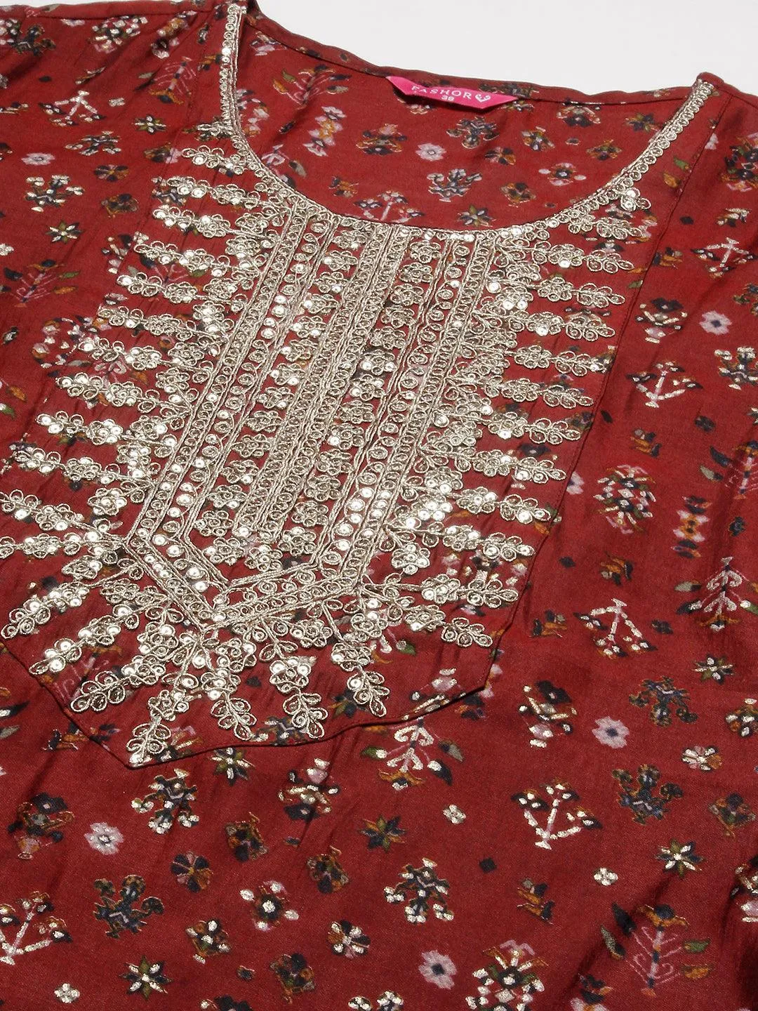 Ethnic & Abstract Printed Zari Dori & Sequins Embroidered Kurta With Pants & Dupatta - Maroon