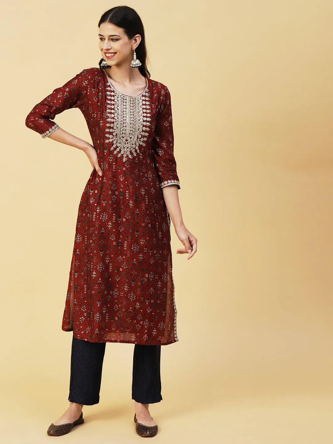 Ethnic & Abstract Printed Zari Dori & Sequins Embroidered Kurta With Pants & Dupatta - Maroon