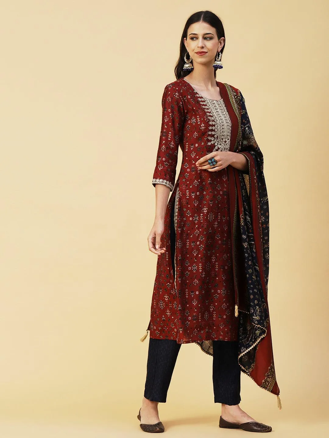 Ethnic & Abstract Printed Zari Dori & Sequins Embroidered Kurta With Pants & Dupatta - Maroon
