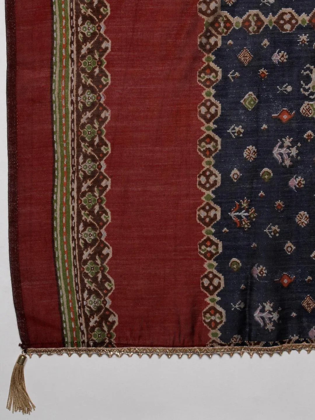 Ethnic & Abstract Printed Zari Dori & Sequins Embroidered Kurta With Pants & Dupatta - Maroon