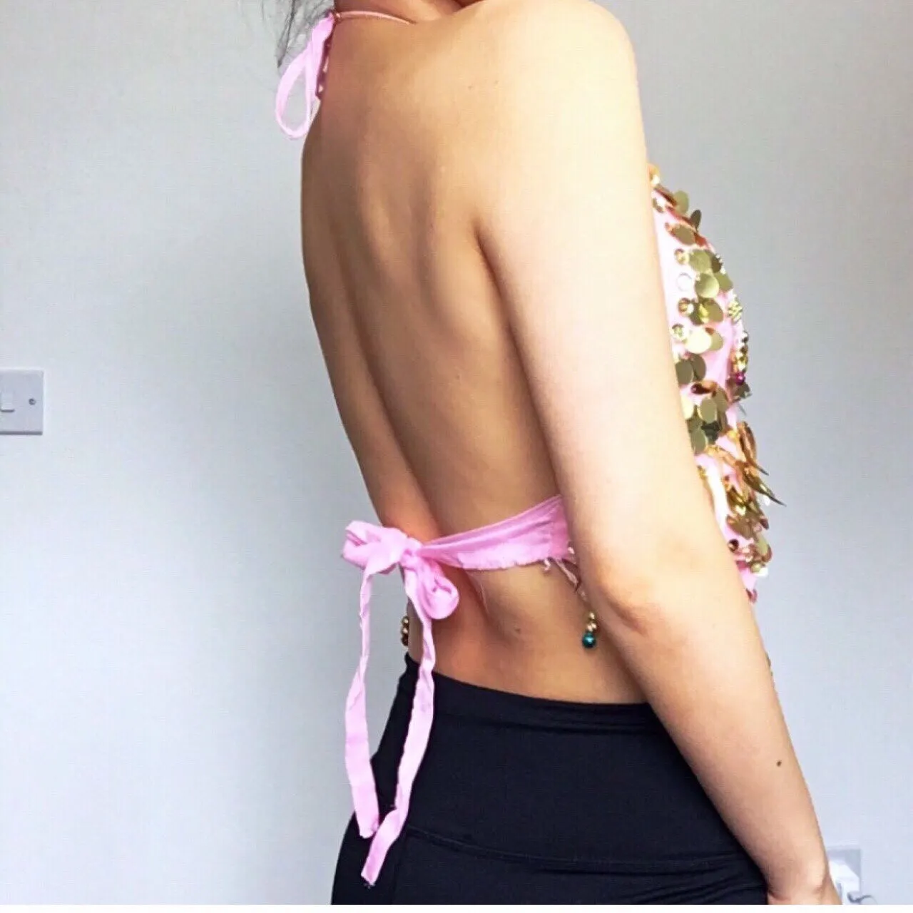 FESTIVAL PARTY BOHO HIPPIE WHITE HALTER NECK TIES BACKLESS EMBELLISHED BEADED COINS TOP