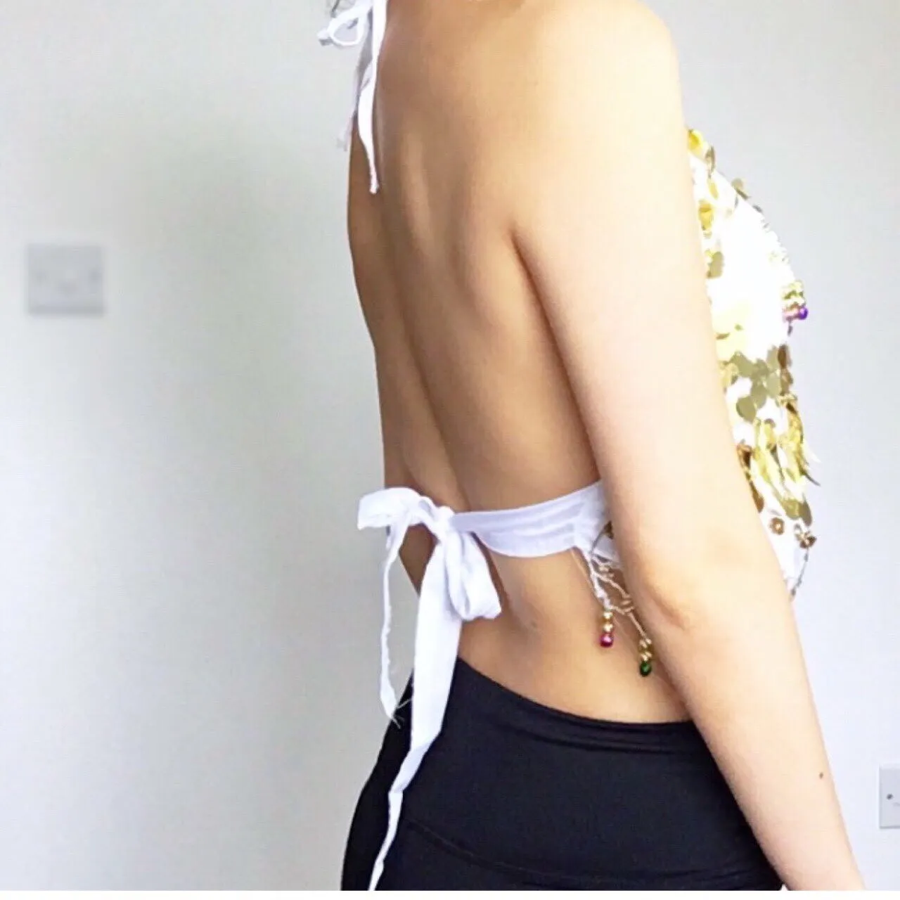 FESTIVAL PARTY BOHO HIPPIE WHITE HALTER NECK TIES BACKLESS EMBELLISHED BEADED COINS TOP