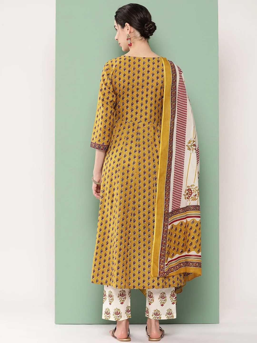 Floral Angrakha Cotton Kurta Dupatta Set