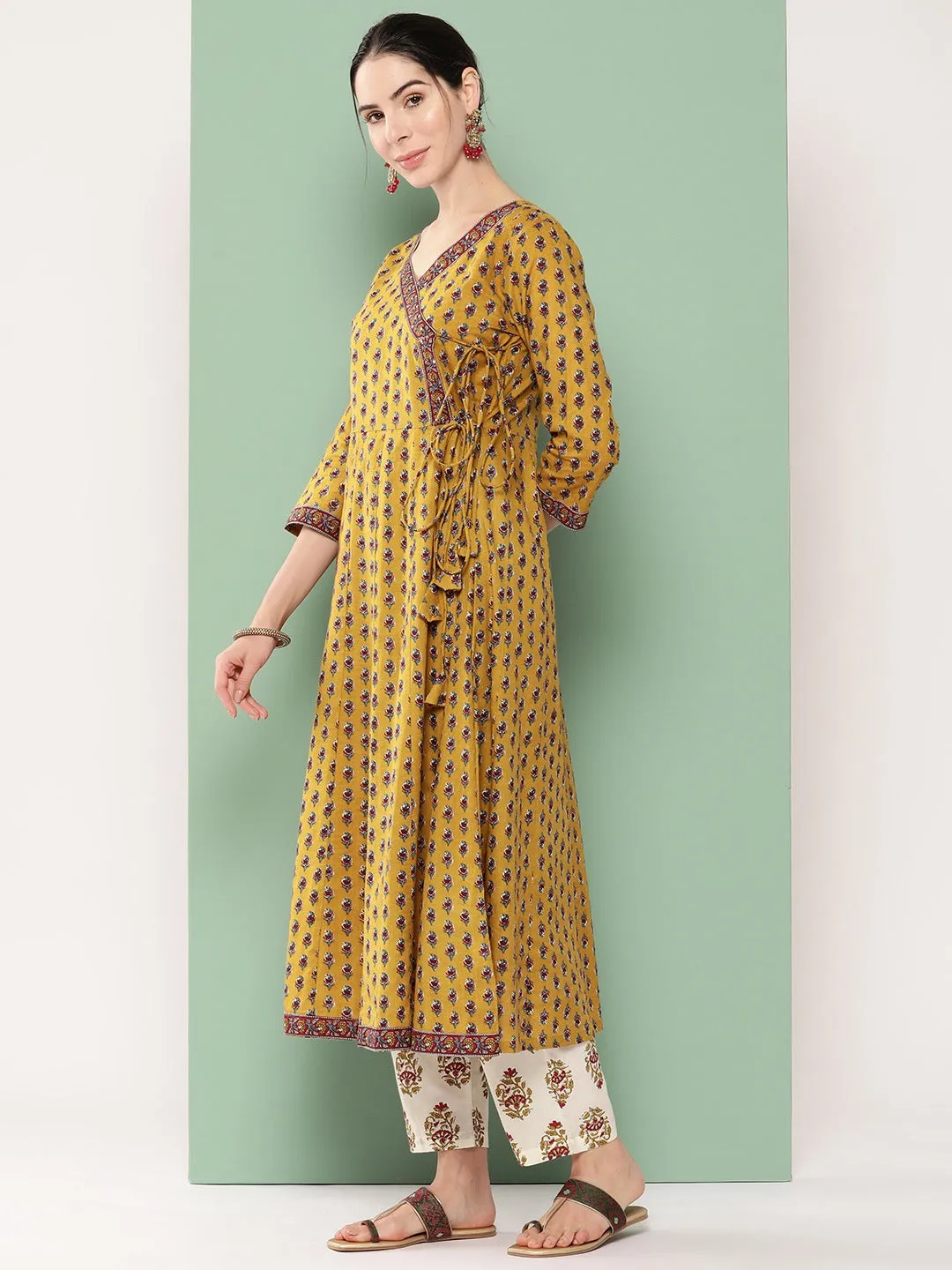 Floral Angrakha Cotton Kurta Dupatta Set