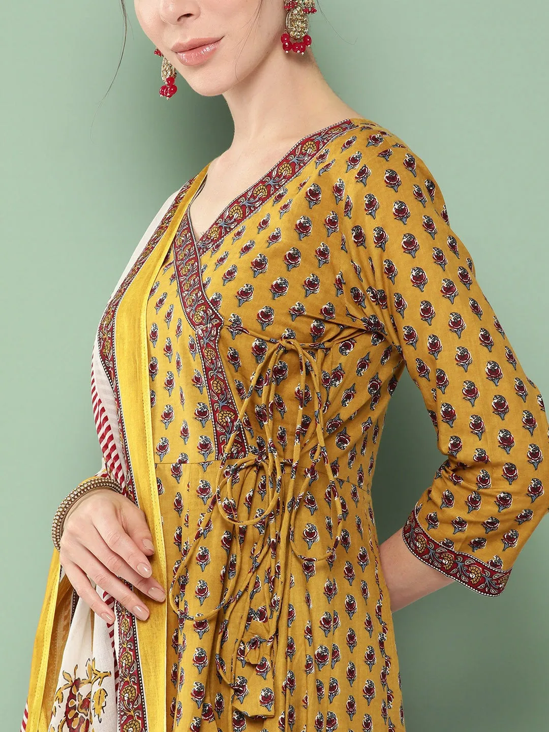 Floral Angrakha Cotton Kurta Dupatta Set