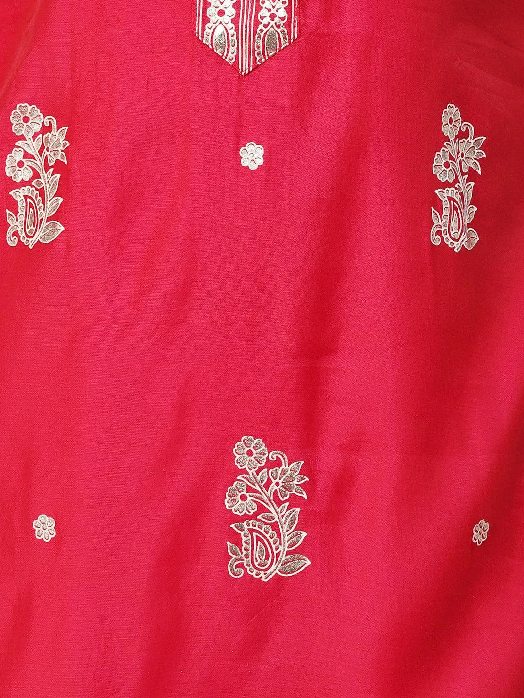 Floral Block & Foil Printed Kurta With Pants & Sequined Ombre Dupatta - Magenta