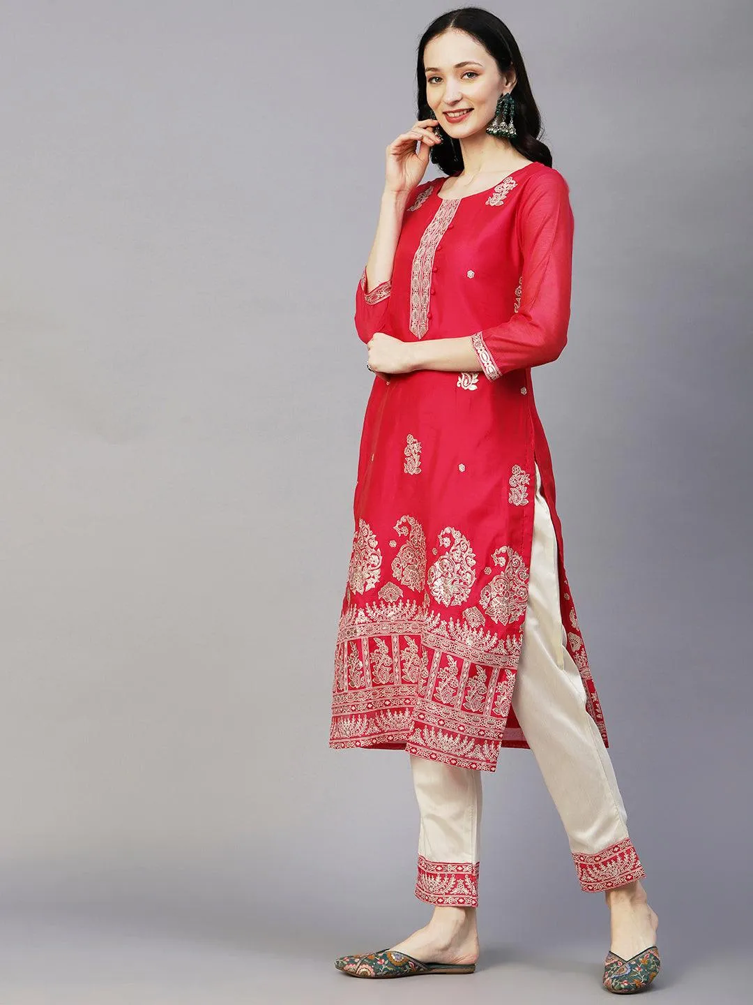 Floral Block & Foil Printed Kurta With Pants & Sequined Ombre Dupatta - Magenta