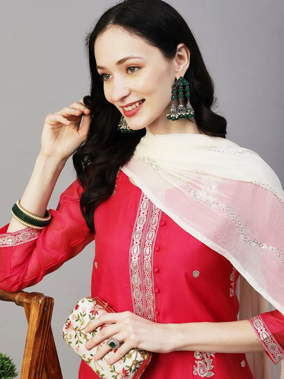 Floral Block & Foil Printed Kurta With Pants & Sequined Ombre Dupatta - Magenta