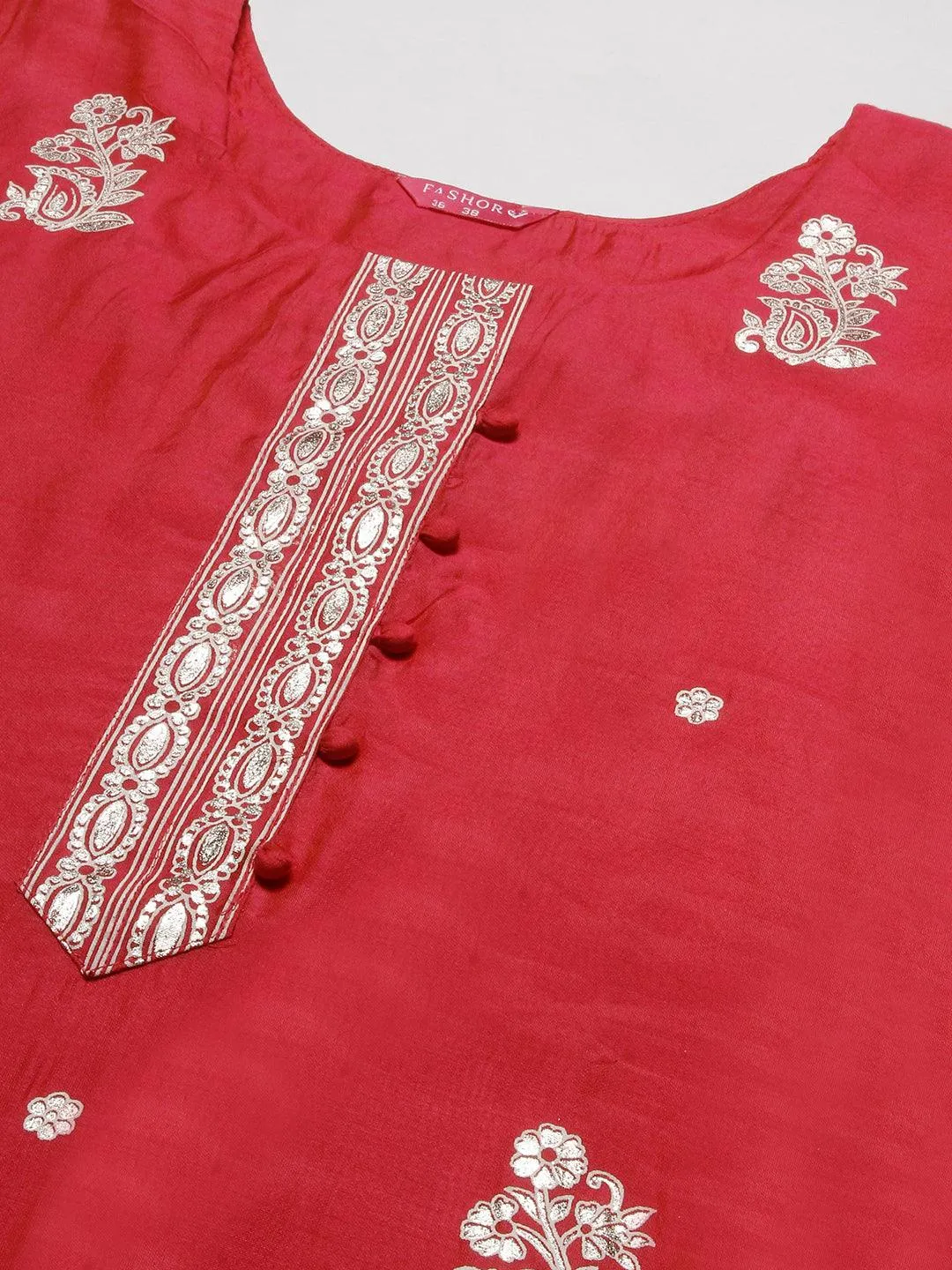 Floral Block & Foil Printed Kurta With Pants & Sequined Ombre Dupatta - Magenta