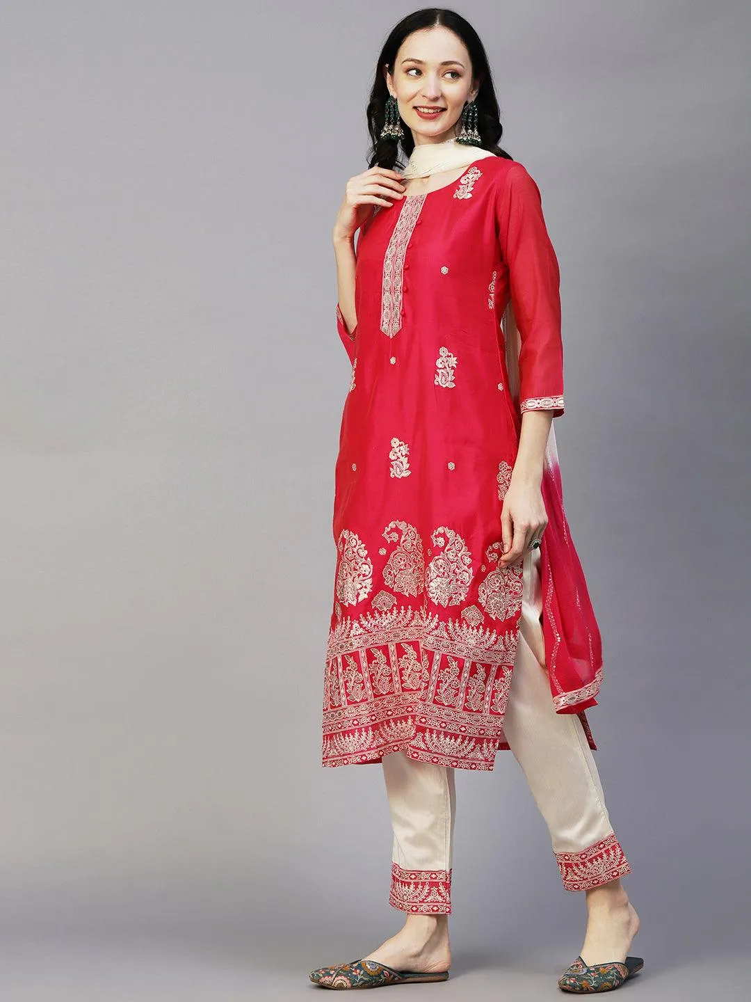Floral Block & Foil Printed Kurta With Pants & Sequined Ombre Dupatta - Magenta