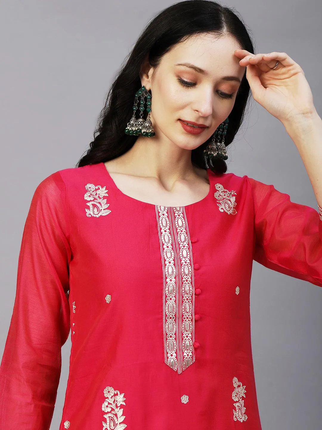 Floral Block & Foil Printed Kurta With Pants & Sequined Ombre Dupatta - Magenta