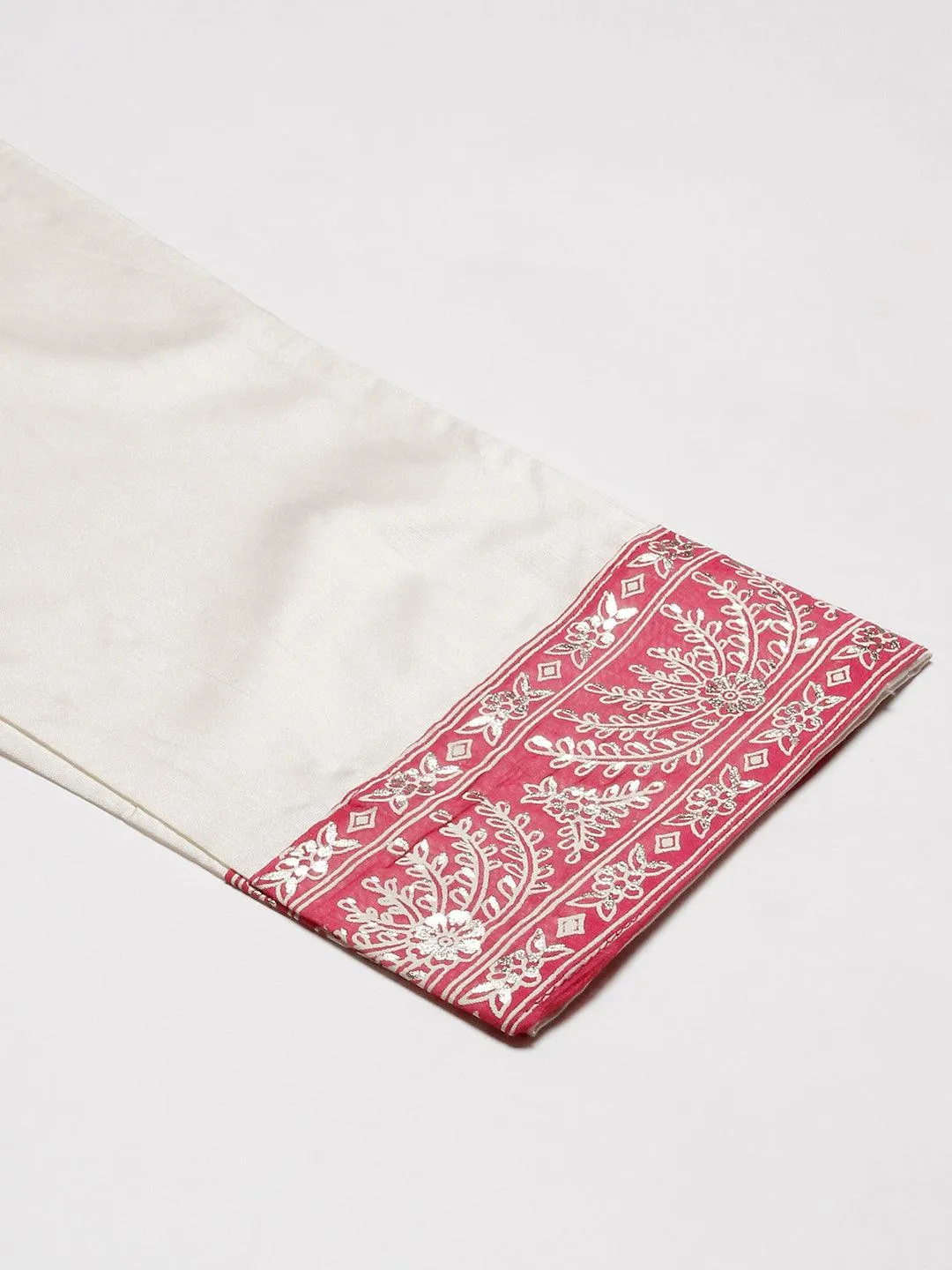 Floral Block & Foil Printed Kurta With Pants & Sequined Ombre Dupatta - Magenta