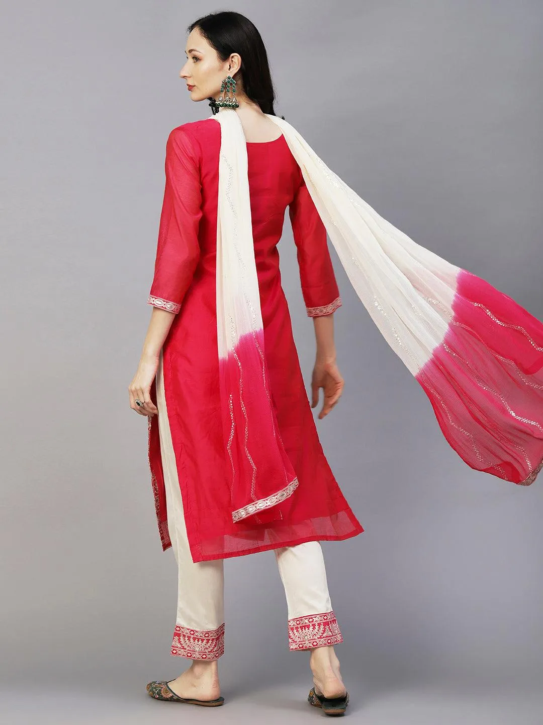 Floral Block & Foil Printed Kurta With Pants & Sequined Ombre Dupatta - Magenta