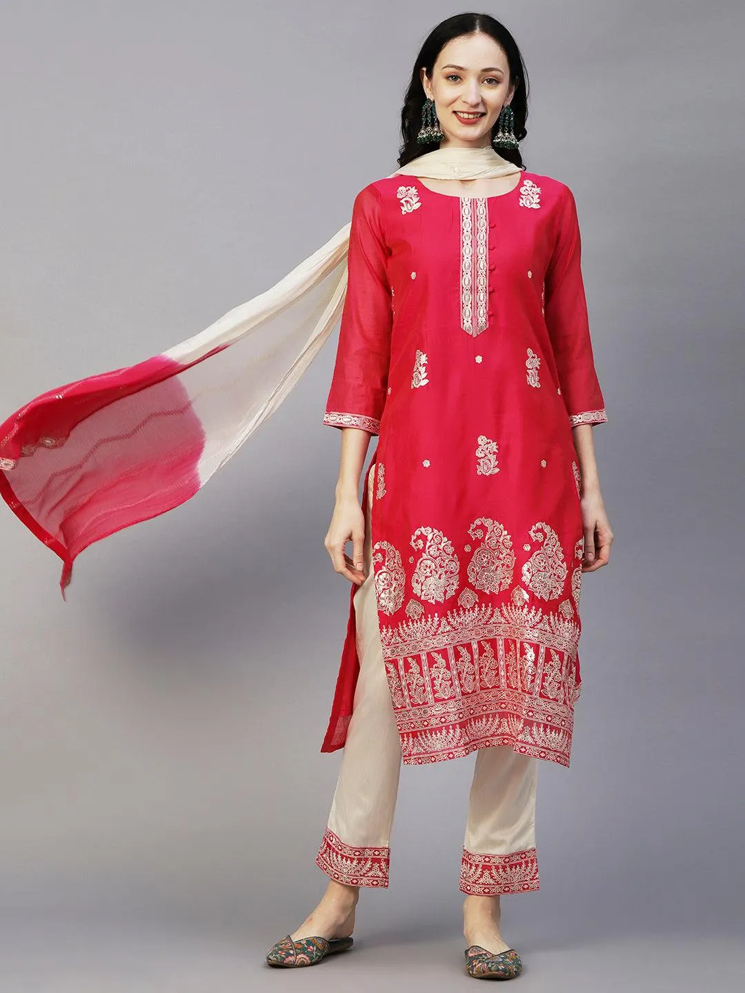 Floral Block & Foil Printed Kurta With Pants & Sequined Ombre Dupatta - Magenta