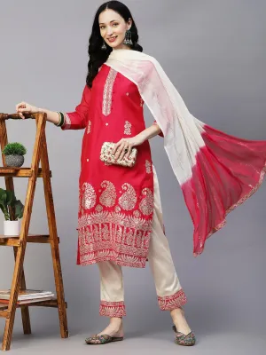 Floral Block & Foil Printed Kurta With Pants & Sequined Ombre Dupatta - Magenta
