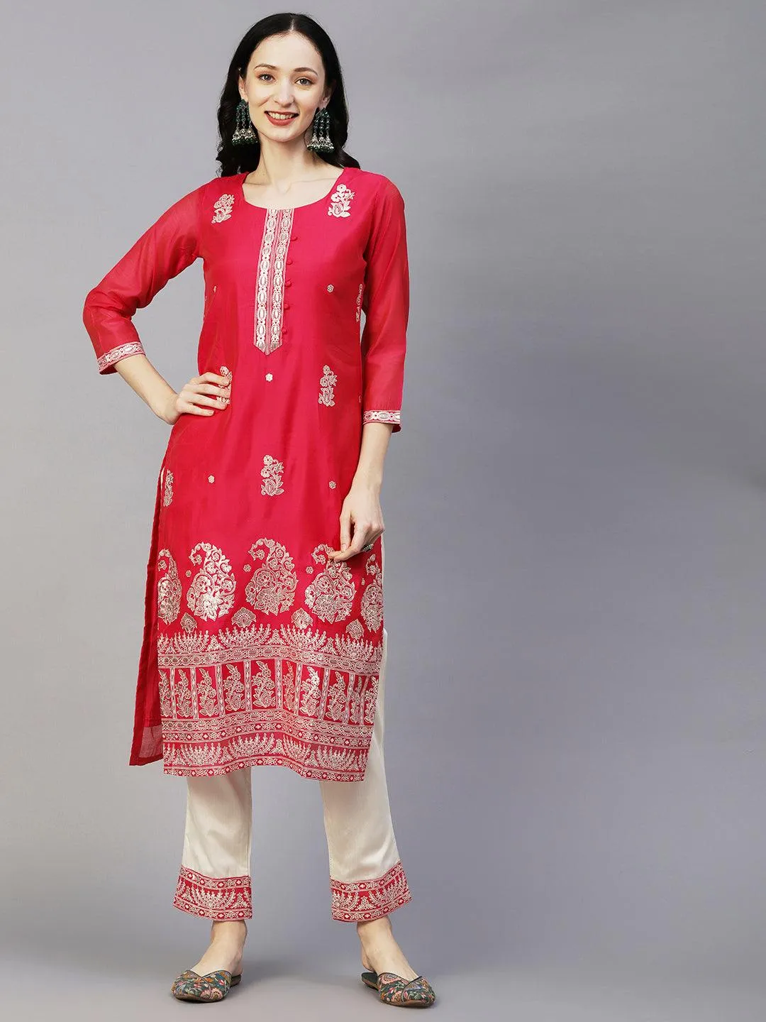 Floral Block & Foil Printed Kurta With Pants & Sequined Ombre Dupatta - Magenta