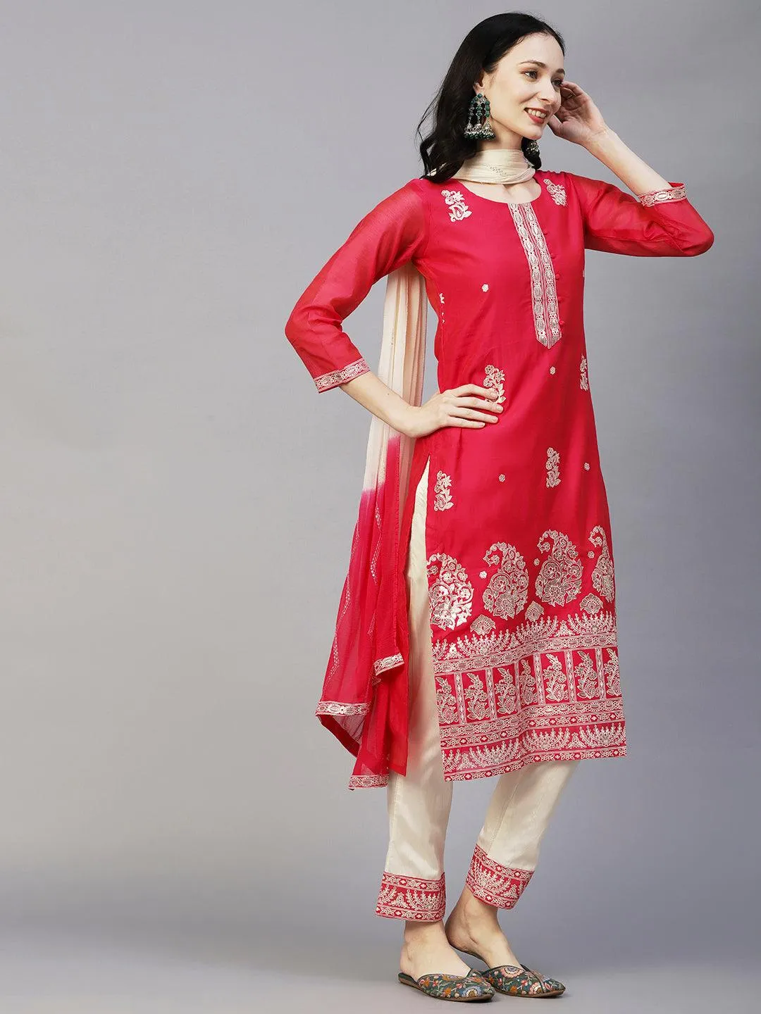 Floral Block & Foil Printed Kurta With Pants & Sequined Ombre Dupatta - Magenta
