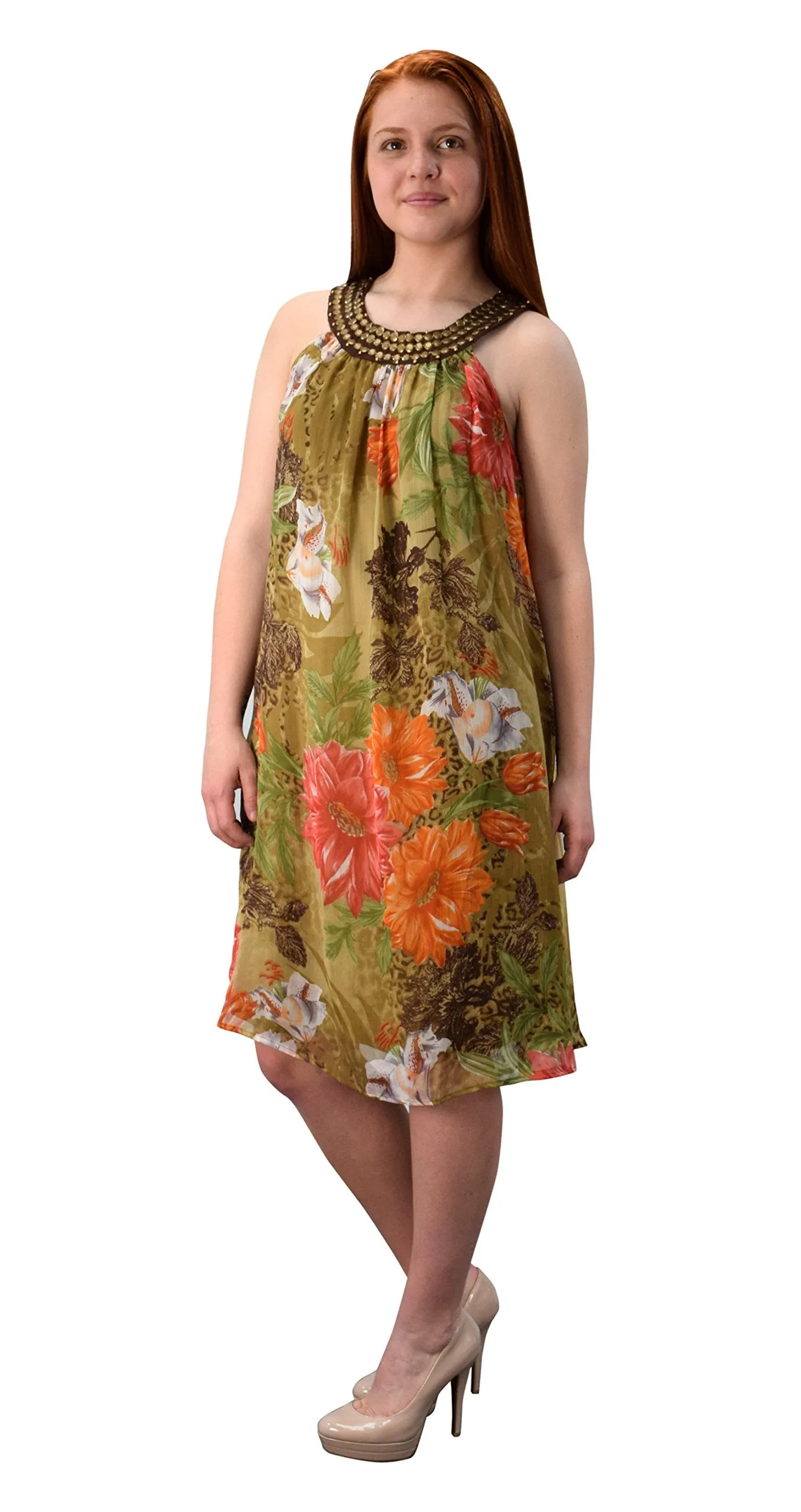 Floral Frock Midi Dress Embellished Tunic Neckline (Large, Olive Green)