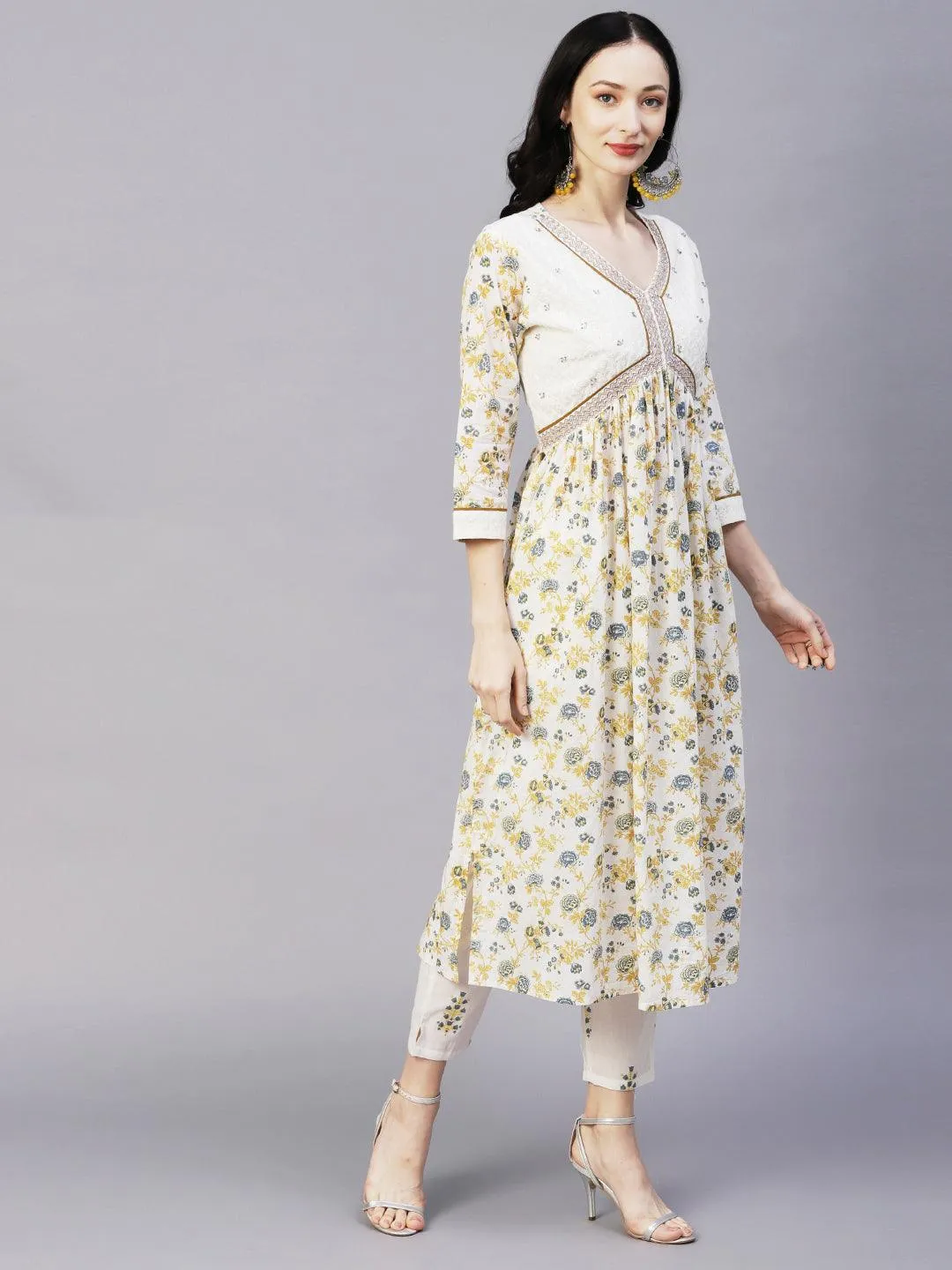 Floral Printed & Embroidered A-Line Kurta with Pant & Dupatta - Off White