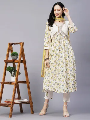 Floral Printed & Embroidered A-Line Kurta with Pant & Dupatta - Off White