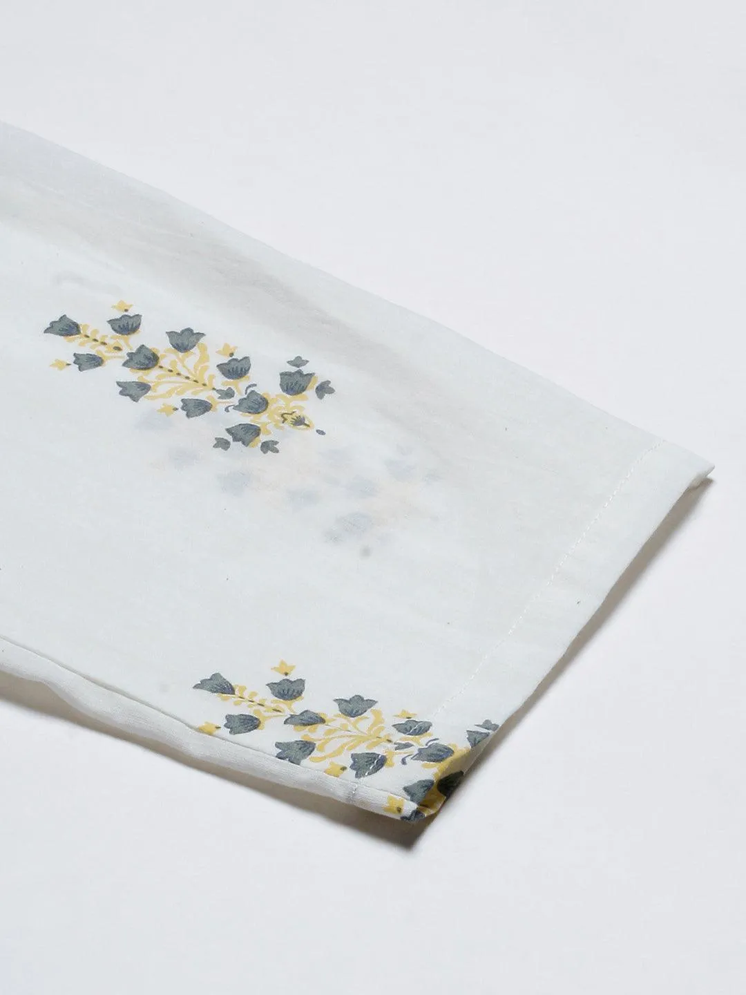 Floral Printed & Embroidered A-Line Kurta with Pant & Dupatta - Off White