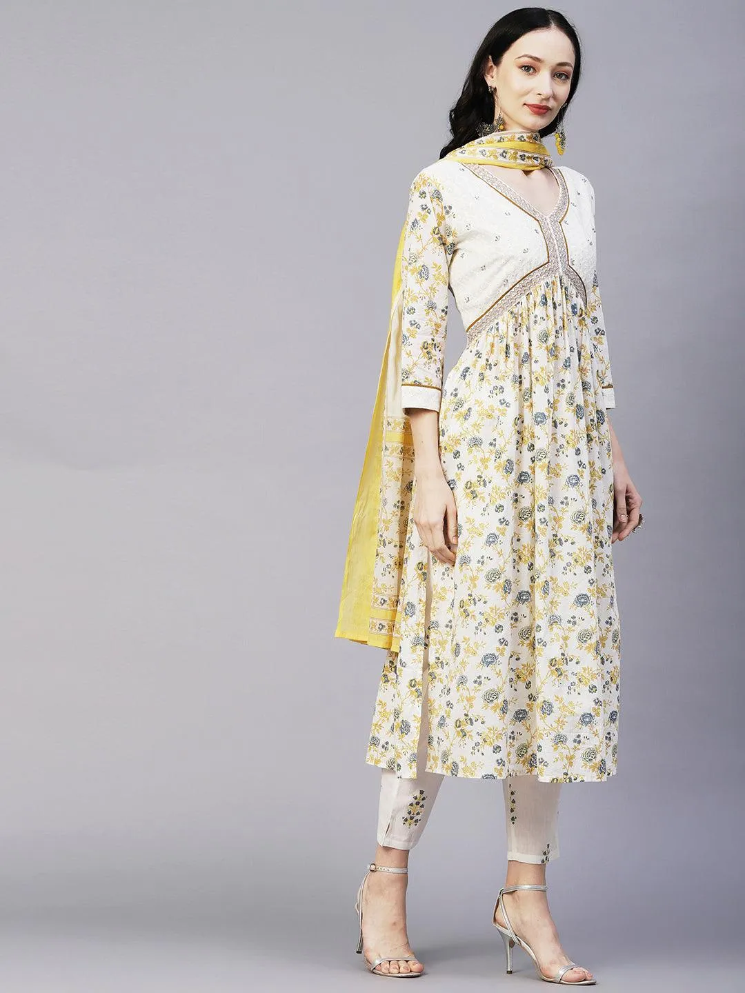 Floral Printed & Embroidered A-Line Kurta with Pant & Dupatta - Off White