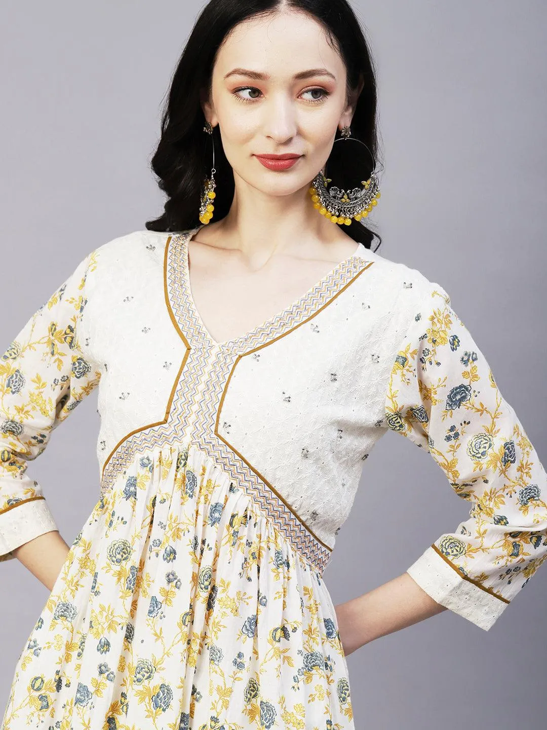 Floral Printed & Embroidered A-Line Kurta with Pant & Dupatta - Off White