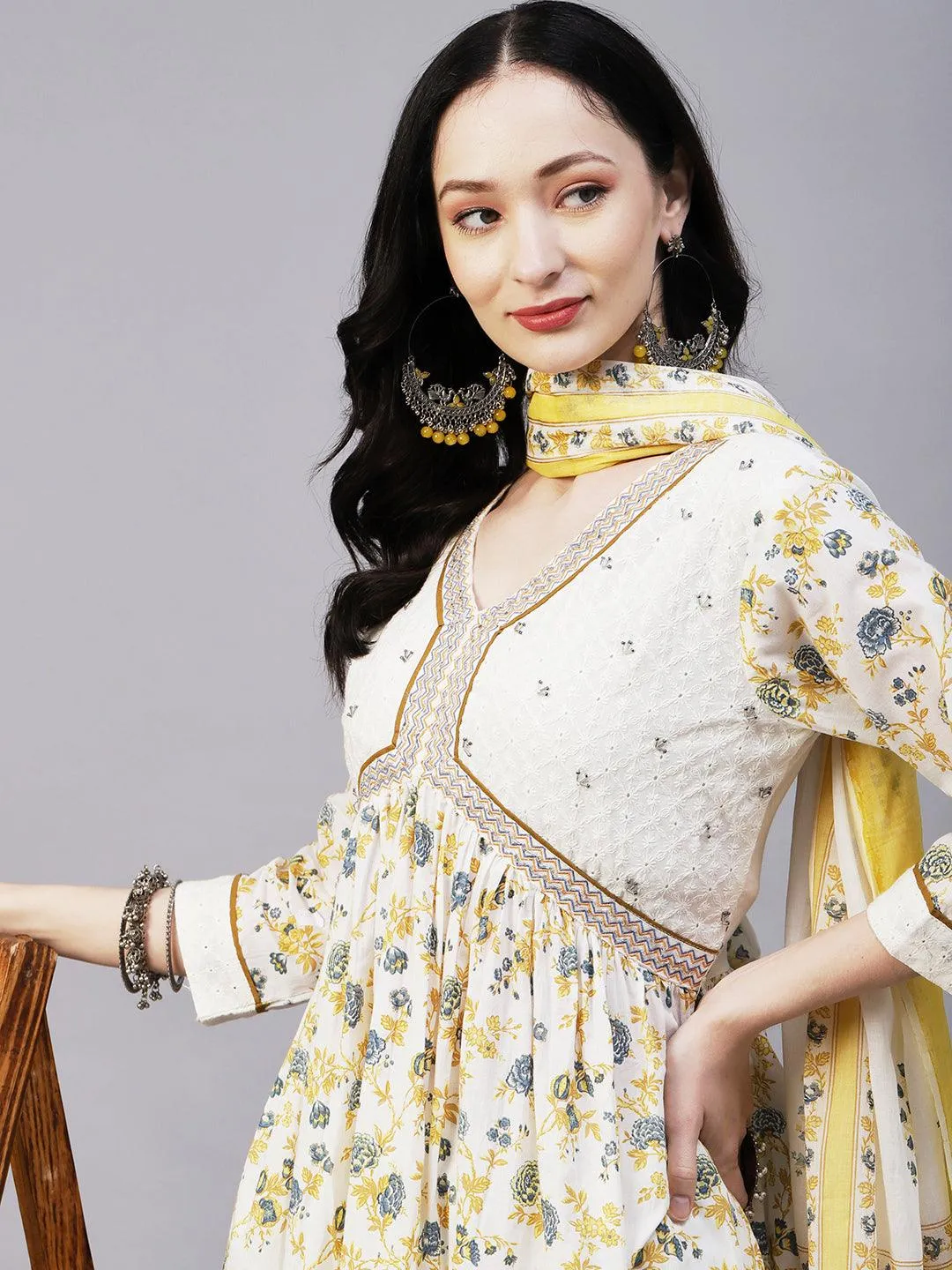 Floral Printed & Embroidered A-Line Kurta with Pant & Dupatta - Off White