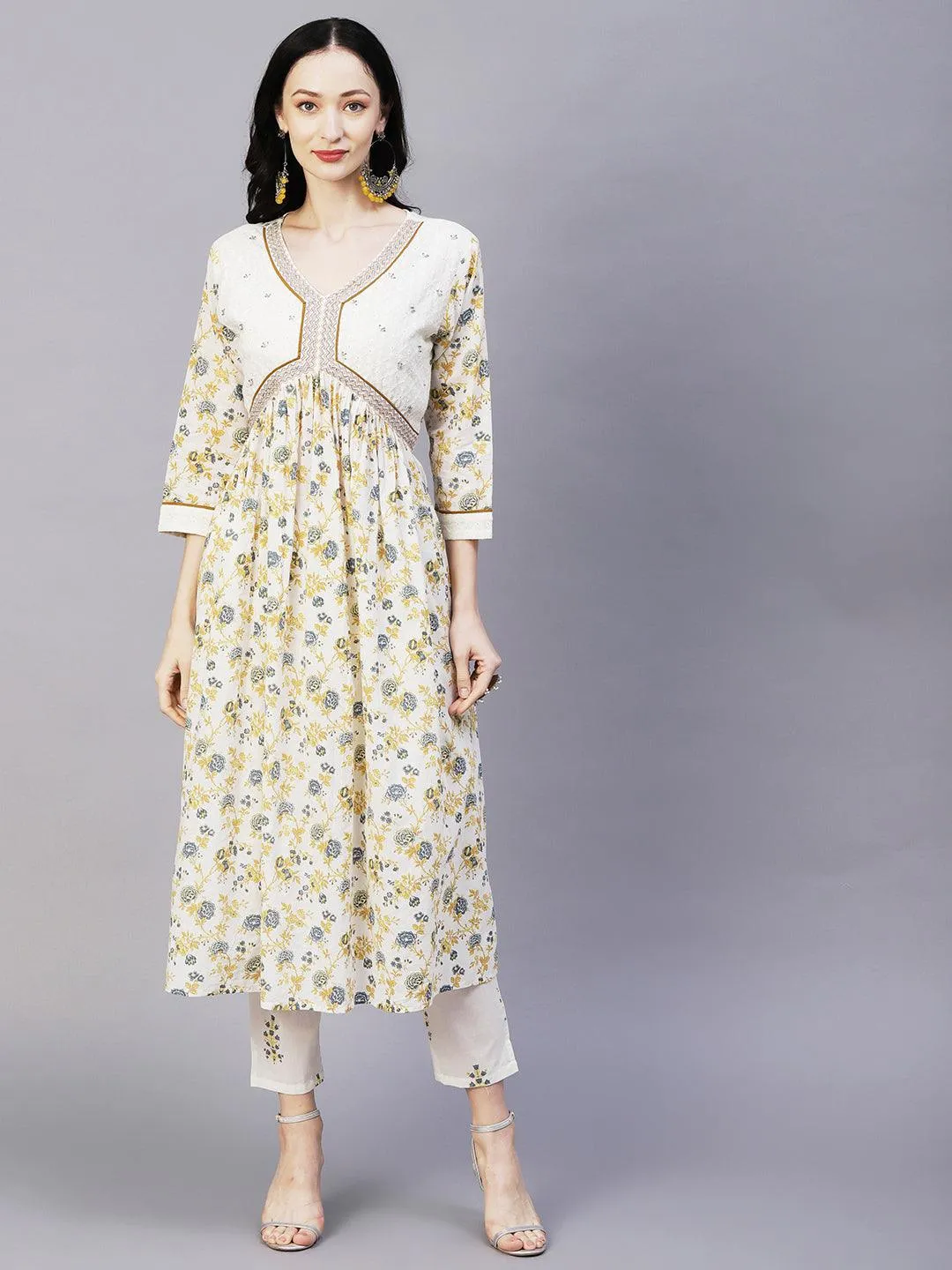 Floral Printed & Embroidered A-Line Kurta with Pant & Dupatta - Off White