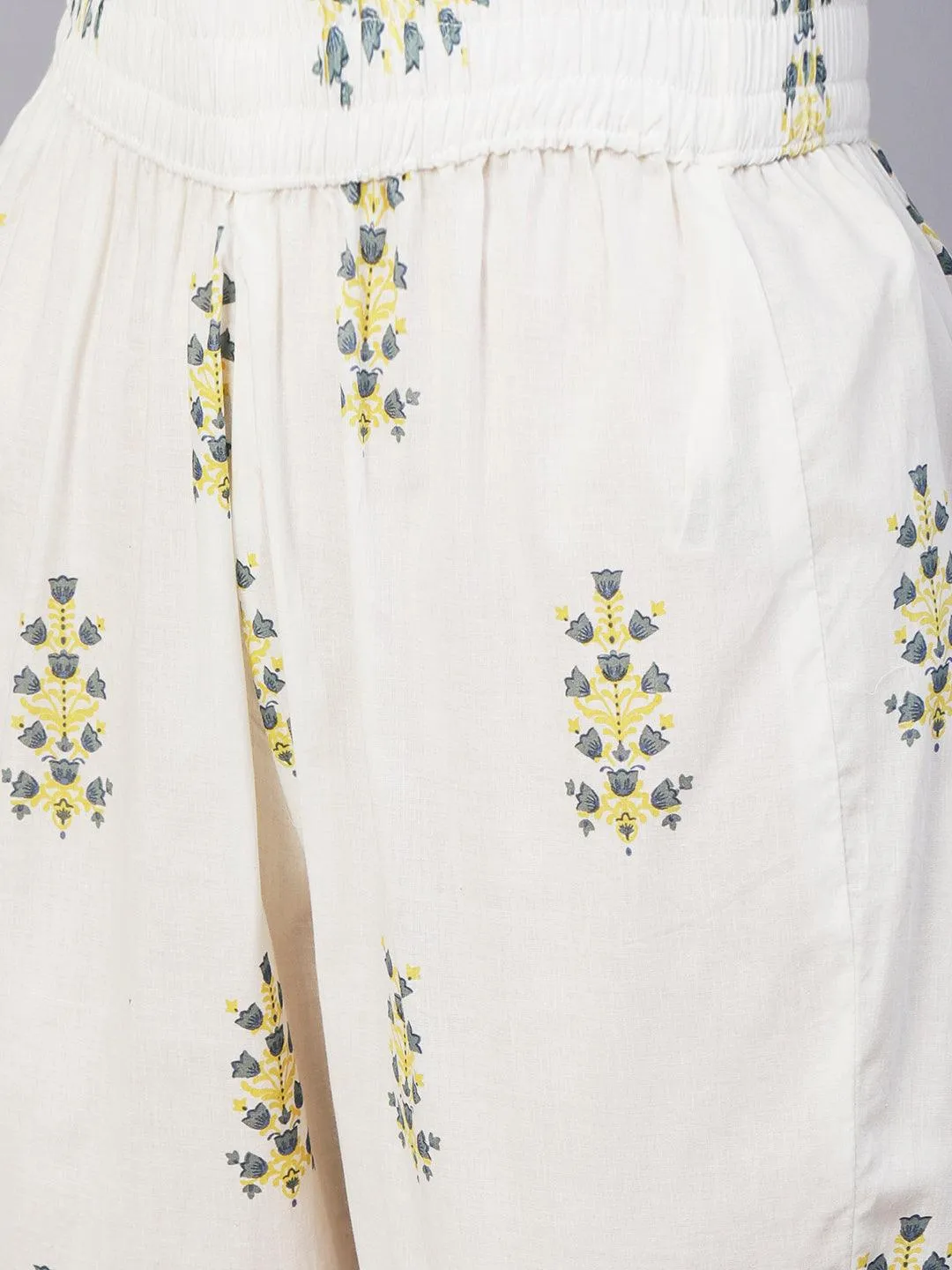 Floral Printed & Embroidered A-Line Kurta with Pant & Dupatta - Off White