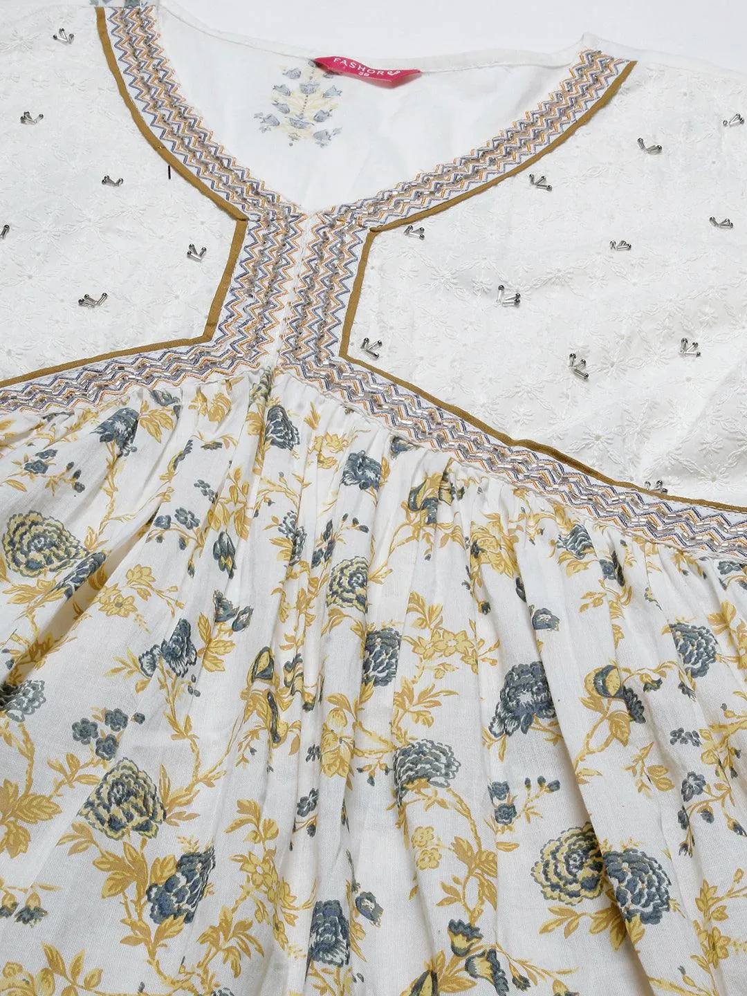 Floral Printed & Embroidered A-Line Kurta with Pant & Dupatta - Off White