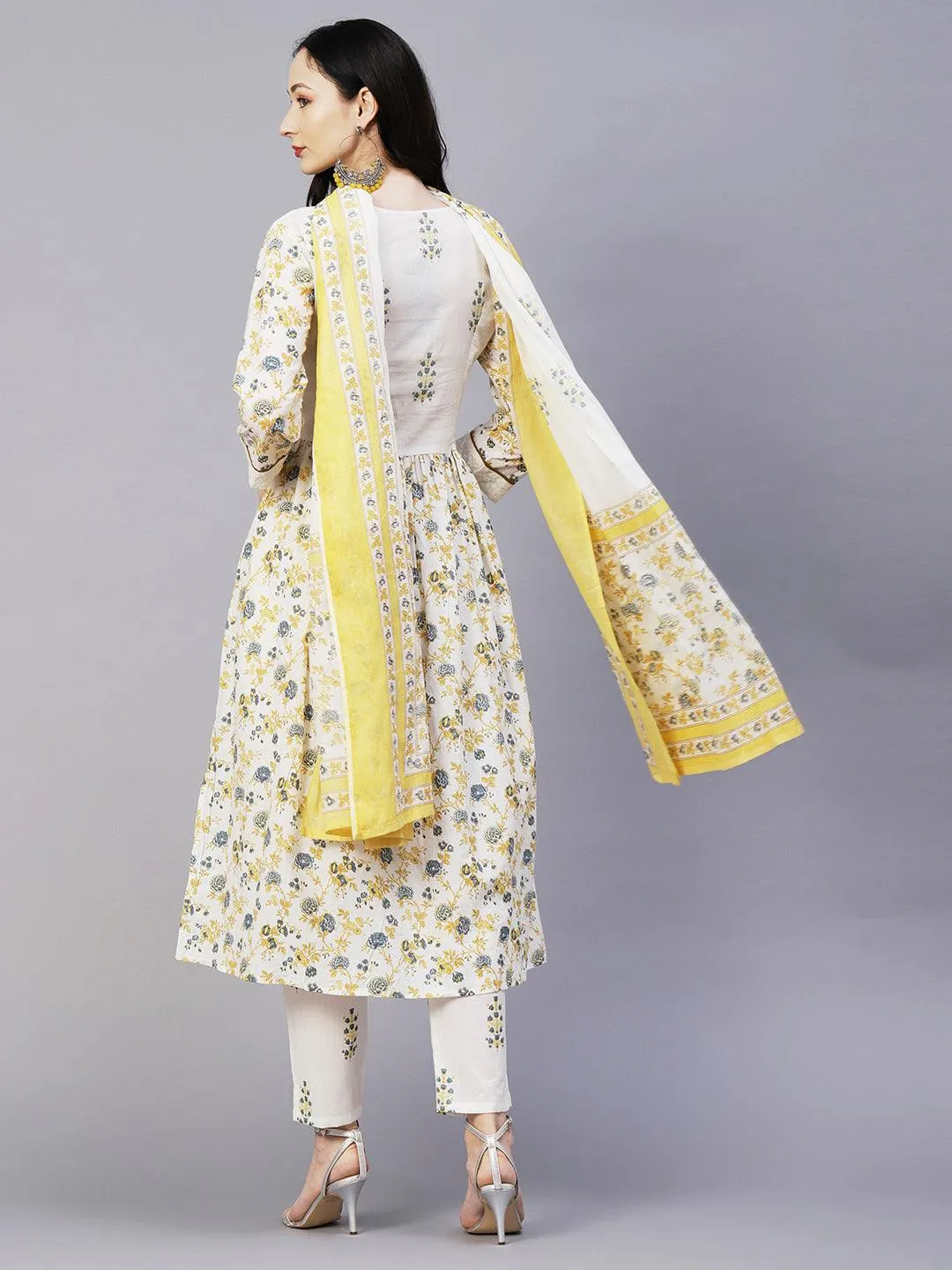 Floral Printed & Embroidered A-Line Kurta with Pant & Dupatta - Off White
