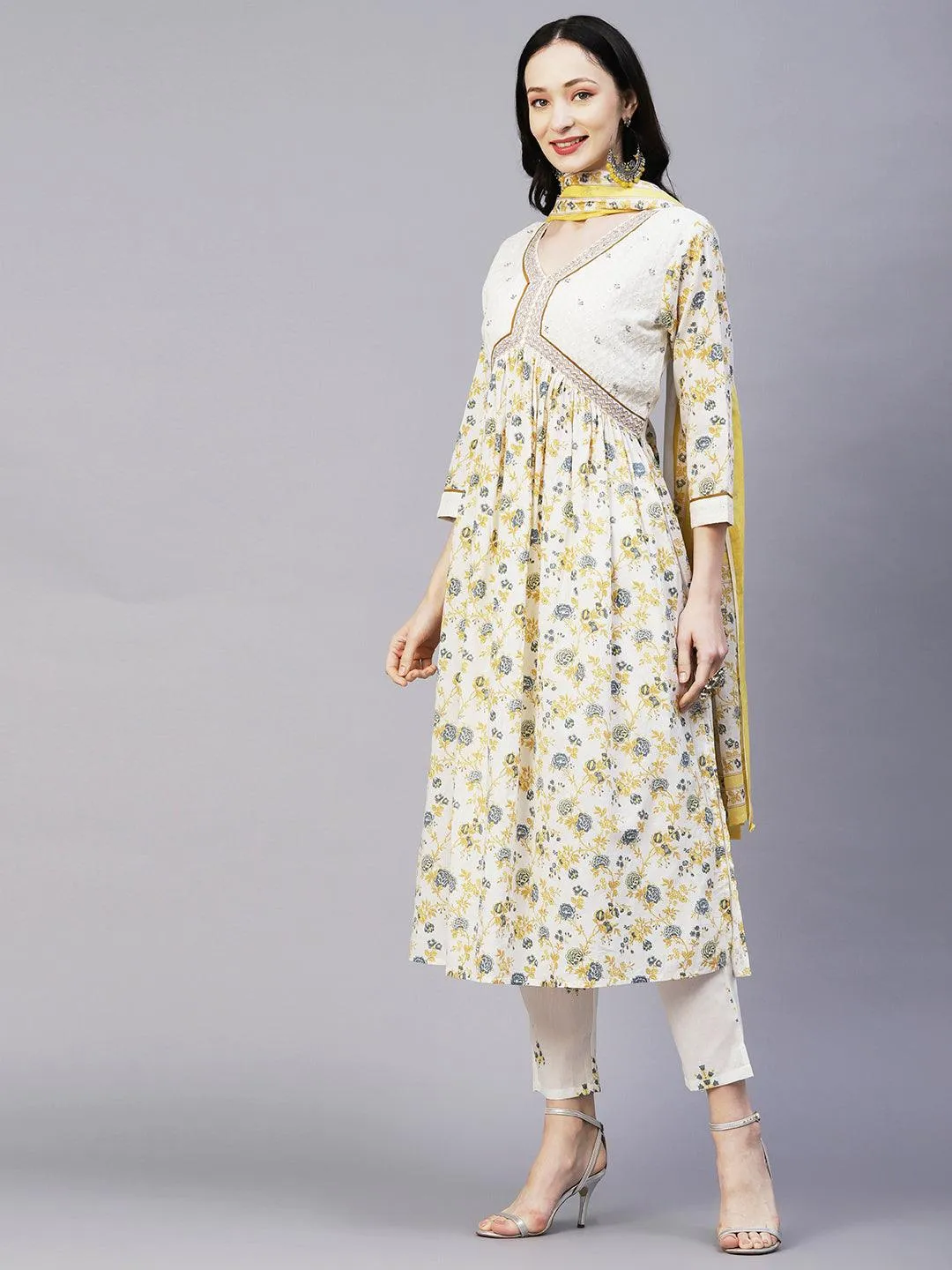 Floral Printed & Embroidered A-Line Kurta with Pant & Dupatta - Off White