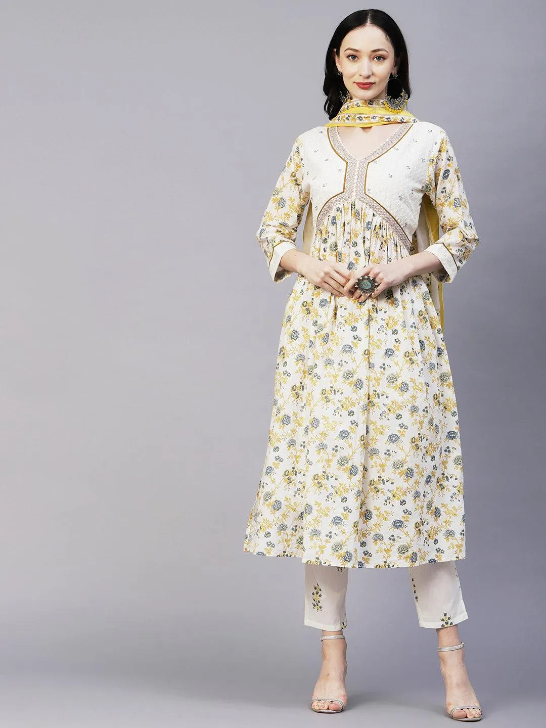 Floral Printed & Embroidered A-Line Kurta with Pant & Dupatta - Off White