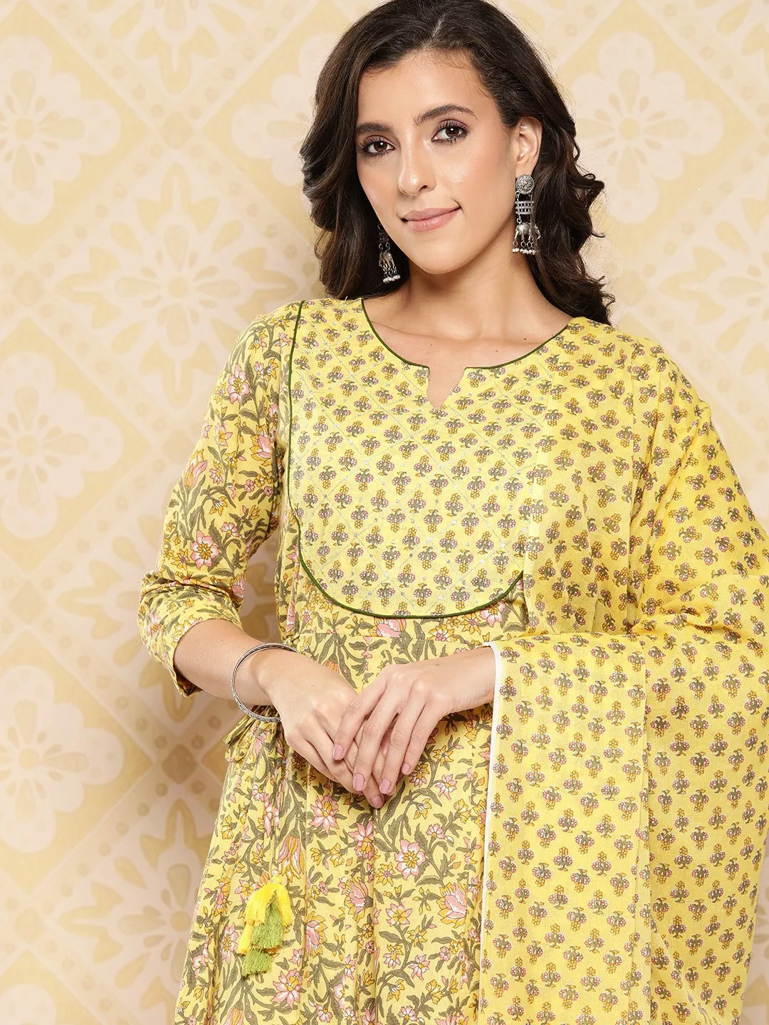 Floral Printed Anarkali Sequinned Pure Cotton Kurta With Trousers & Dupatta