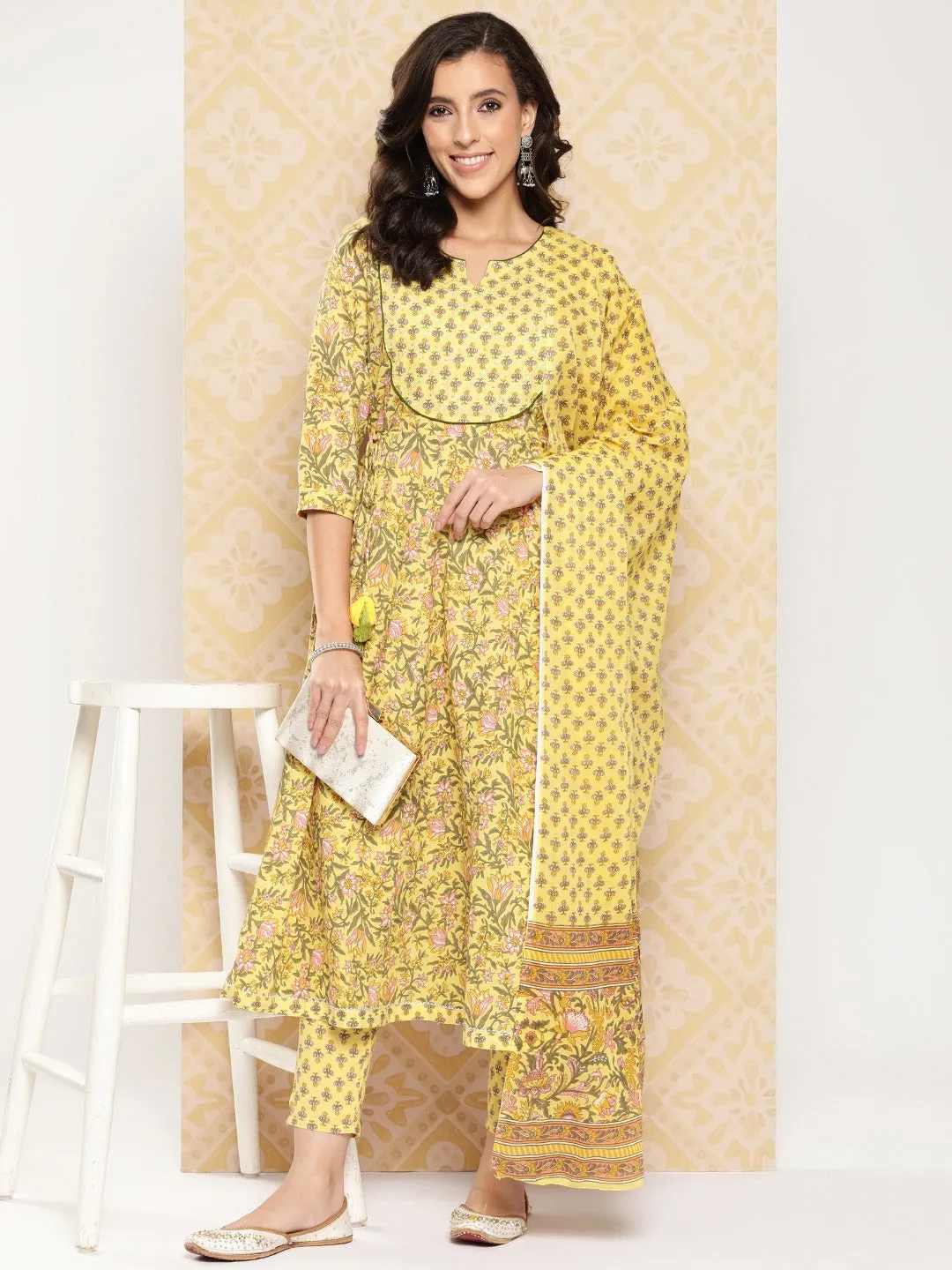 Floral Printed Anarkali Sequinned Pure Cotton Kurta With Trousers & Dupatta