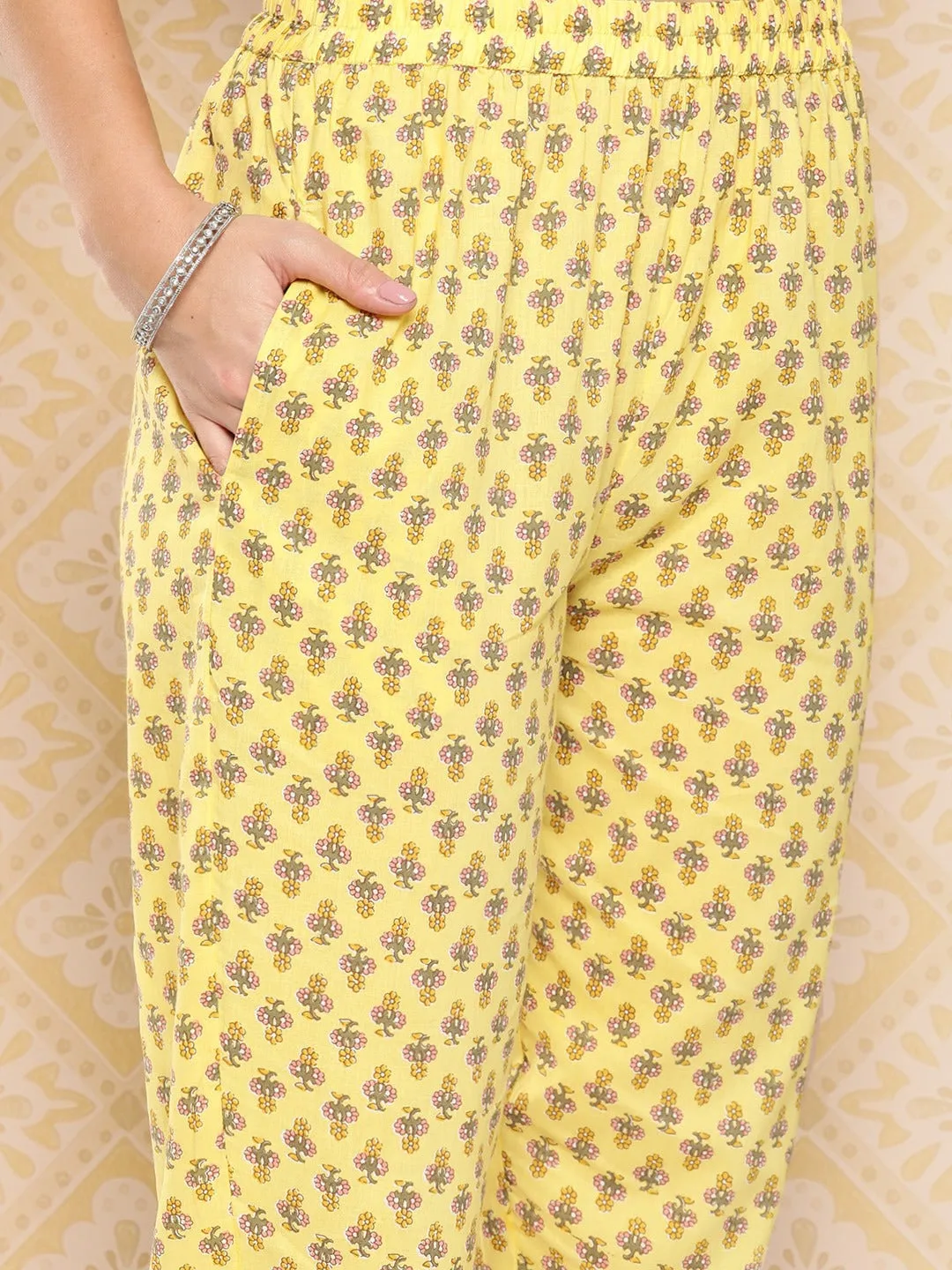 Floral Printed Anarkali Sequinned Pure Cotton Kurta With Trousers & Dupatta