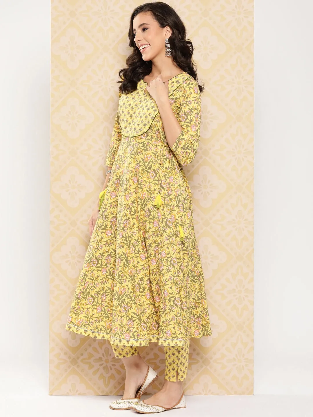 Floral Printed Anarkali Sequinned Pure Cotton Kurta With Trousers & Dupatta