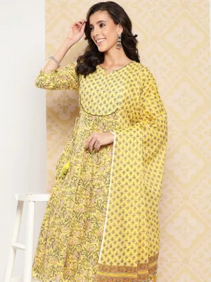 Floral Printed Anarkali Sequinned Pure Cotton Kurta With Trousers & Dupatta
