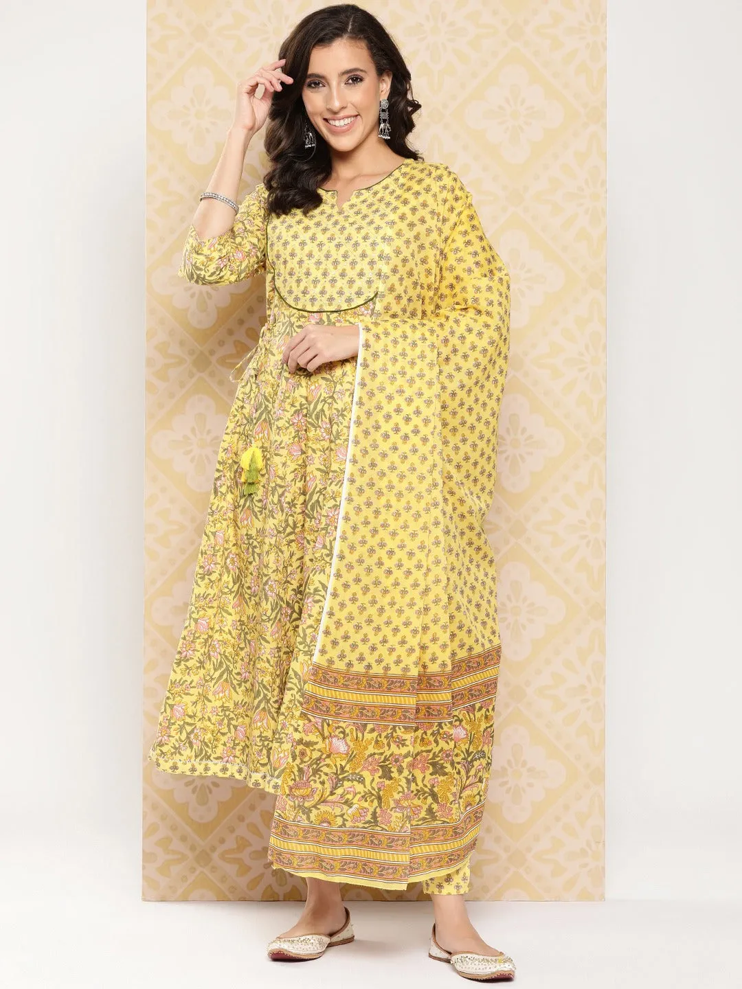 Floral Printed Anarkali Sequinned Pure Cotton Kurta With Trousers & Dupatta