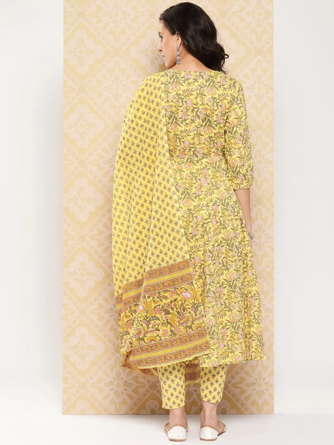 Floral Printed Anarkali Sequinned Pure Cotton Kurta With Trousers & Dupatta