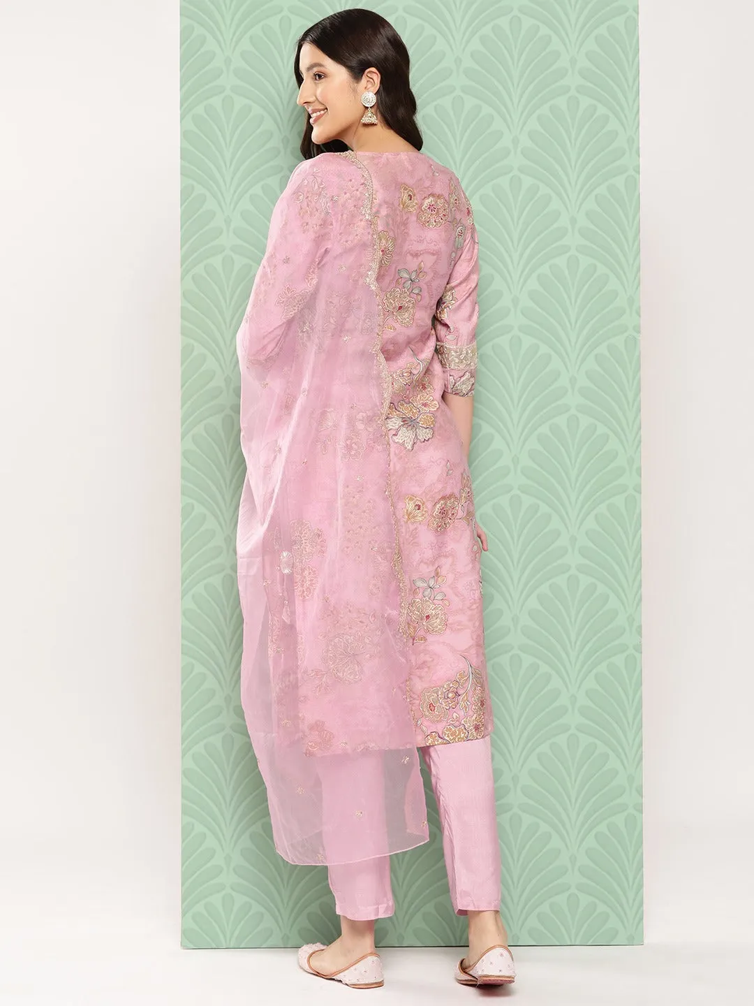 Floral Printed Regular Pure Silk Kurta With Trousers & With Dupatta