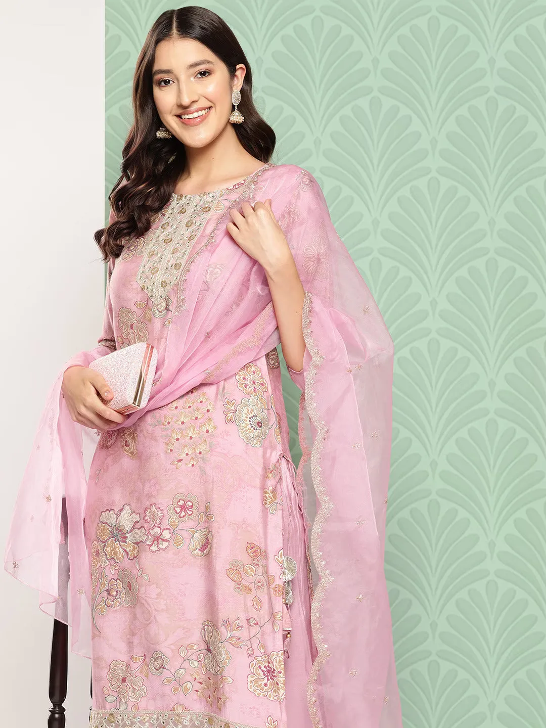 Floral Printed Regular Pure Silk Kurta With Trousers & With Dupatta