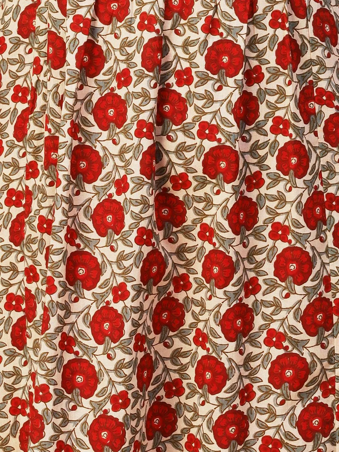 Floral Printed Resham & Sequins Ornamented Kurta With Pants & Dupatta - Cream & Red