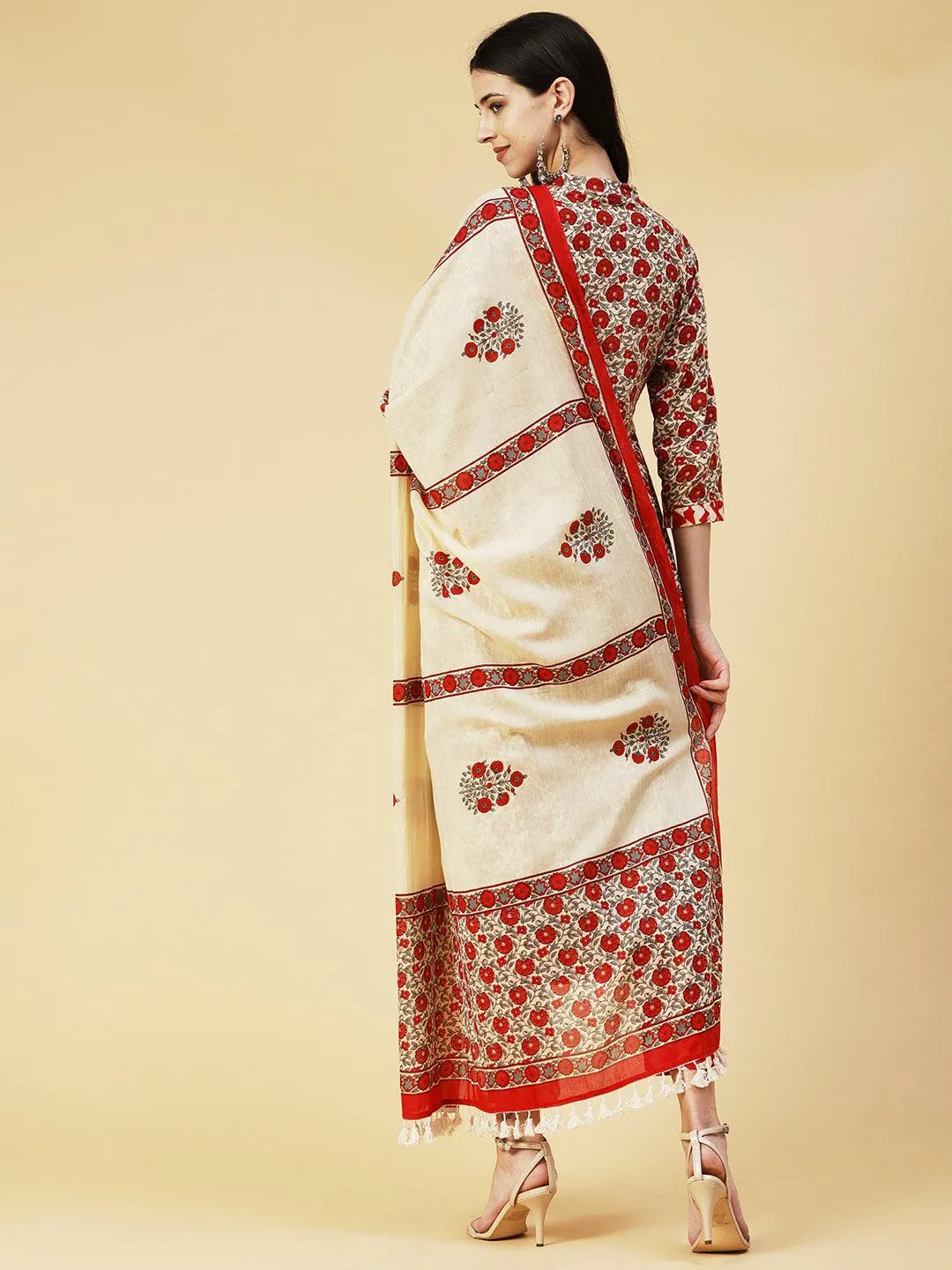 Floral Printed Resham & Sequins Ornamented Kurta With Pants & Dupatta - Cream & Red
