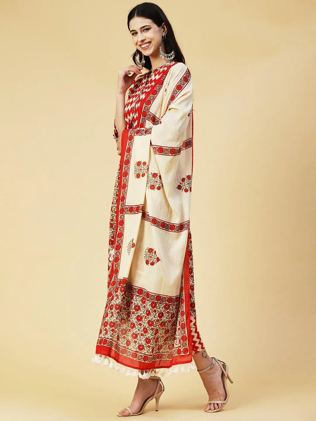 Floral Printed Resham & Sequins Ornamented Kurta With Pants & Dupatta - Cream & Red