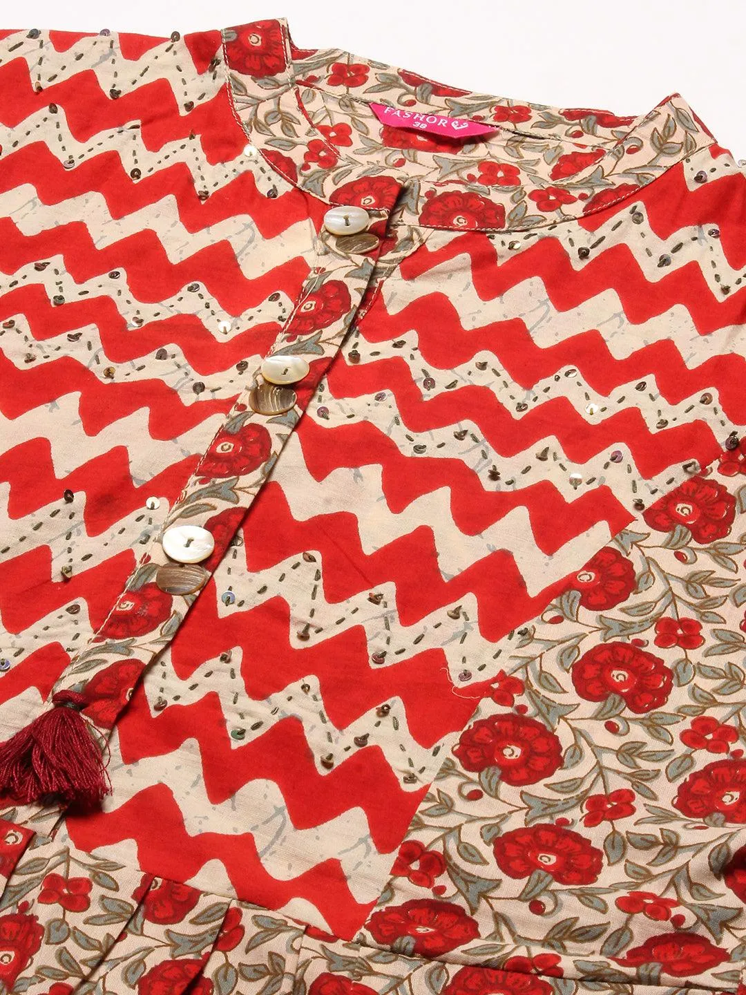 Floral Printed Resham & Sequins Ornamented Kurta With Pants & Dupatta - Cream & Red