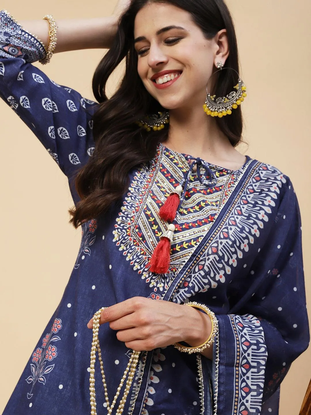 Floral Printed Zari & Resham Embroidered Kurta With Printed Pants & Dupatta - Blue